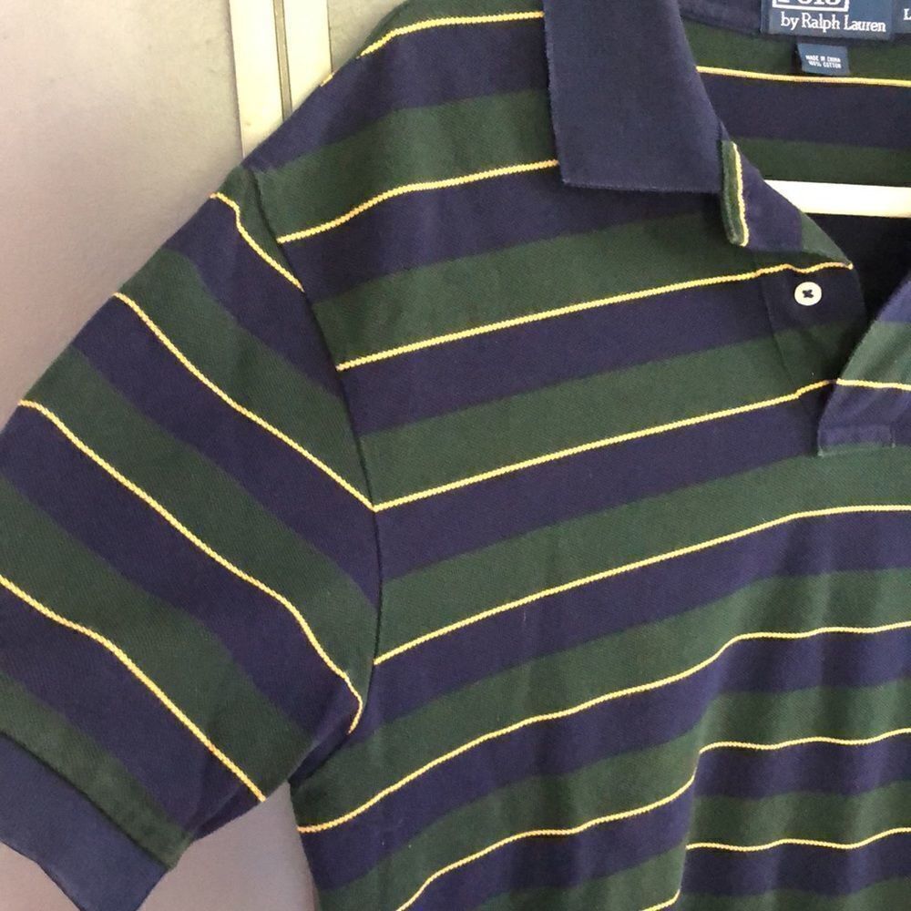 Vintage polo Ralph Lauren green and navy striped short sleeve shirt size l - Picture 3 of 6